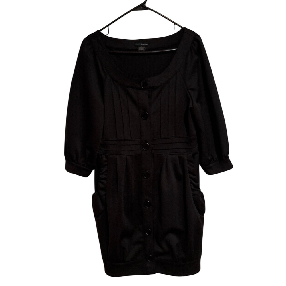 Gracia Fashion Black Button Front Mini Dress Pintuck 3/4 Sleeve Pockets Large